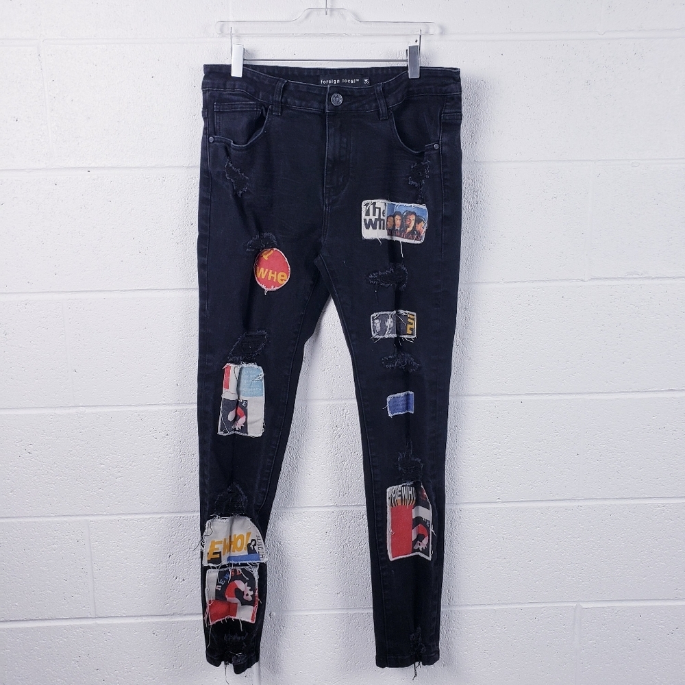 Foreign Local 1.5 Band Patch The Who Black‎ Denim Jeans Tapered Leg Men's 34